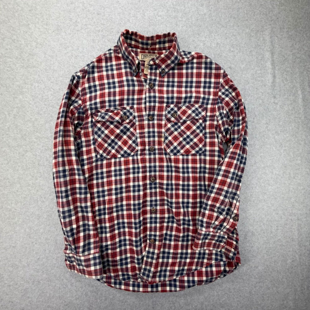 Duluth Trading Co Men Plaid Flannel Button Down Shirt Red Blue White Size Medium